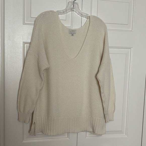 Ivory Lucky Brand Cotton-Blend Pullover V-Neck Sweater - Picture 1 of 8